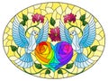 Stained glass illustration with doves, hearts and flowers on a yellow background, oval image
