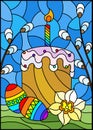 Stained glass illustration with an Easter still life , cake and Easter eggs on the background of willow branches and the sky Royalty Free Stock Photo