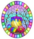 Stained glass illustration with an Easter still life , cake and Easter eggs on the background of willow branches and the sky, oval