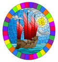 Stained glass illustration with  Eastern ship with red sails on the background of sky, sun and ocean, round image in bright frame Royalty Free Stock Photo