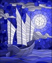 Stained glass illustration the Eastern ship with white sails on the background of sky, sun and ocean, blue tone Royalty Free Stock Photo