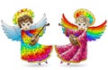 Stained glass illustration with elements, cute cartoon angels with lutes , coloured figures on a white background