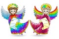 Stained glass illustration with elements, cute cartoon angels with scrolls , coloured figures on a white background