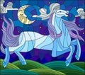 Stained glass illustration with fabulous blue horse galloping on the green meadow on the background of the cloudy sky and sun Royalty Free Stock Photo