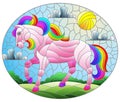 Stained glass illustration with a fabulous bright horse on a background of fields and a cloudy sky with the sun,oval image