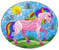 Stained glass illustration with a fabulous bright horse on a background of fields and a cloudy sky with the sun,oval image