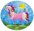 Stained glass illustration with a fabulous bright horse on a background of fields and a cloudy sky with the sun,oval image