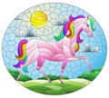 Stained glass illustration with a fabulous bright horse on a background of fields and a cloudy sky with the sun,oval image