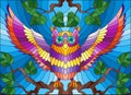 Stained glass illustration with fabulous colourful owl sitting on a tree branch against the sky