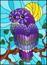 Stained glass illustration with fabulous colourful owl sitting on a tree branch against the sky and sun