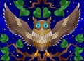 Stained glass illustration with fabulous colourful owl sitting on a tree branch against the starry sky
