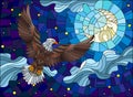 Stained Glass Illustration With Fabulous Eagle And Moon On Background Night Star Sky And Clouds