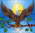 Stained glass illustration with fabulous eagle sitting on a tree branch against the sky