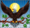 Stained glass illustration with fabulous eagle sitting on a tree branch against the sky