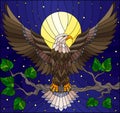 Stained Glass Illustration With Fabulous Eagle Sitting On A Tree Branch Against The Starry Sky And Moon