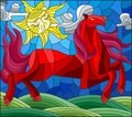 Stained glass illustration with fabulous red horse galloping on the green meadow on the background of the cloudy sky and sun Royalty Free Stock Photo