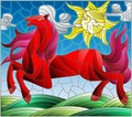Stained glass illustration with fabulous red horse galloping on the green meadow on the background of the cloudy sky and sun Royalty Free Stock Photo