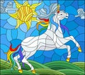 Stained glass illustration with fabulous white unicorn galloping on the green meadow on the background of the cloudy sky and sun Royalty Free Stock Photo