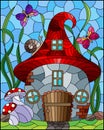 Stained glass illustration with  a fairy-tale dwarf house on a background of grass and blue sky Royalty Free Stock Photo