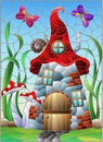 Stained glass illustration with a fairy-tale dwarf house on a background of grass and blue sky Royalty Free Stock Photo