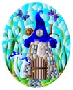 Stained glass illustration with a fairy-tale dwarf house on a background of grass and blue sky, oval image Royalty Free Stock Photo