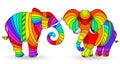 Stained glass illustration with figures of abstract rainbow elephants, isolated on a white background