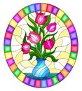 Stained glass illustration with  floral still life,pink bouquet of Tulips in a blue vase on a yellow background, oval image in bri Royalty Free Stock Photo