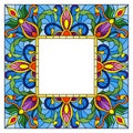 Stained glass illustration flower frame, bright flowers and leaves in blue frame on a white background Royalty Free Stock Photo