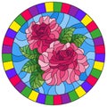 Stained glass illustration flower of pink rose on a blue background in a bright frame,round image Royalty Free Stock Photo