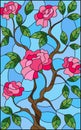 Stained glass illustration flower of pink rose on a blue background Royalty Free Stock Photo