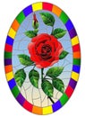 Stained glass illustration flower of red rose on a blue background in a bright frame,oval image