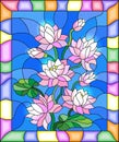 Stained glass illustration with flowers, buds and leaves of Lotus