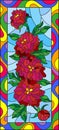 Stained glass illustration with flowers, buds and leaves of red peonies on a blue background in bright frame,vertical orientation