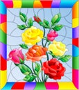Stained glass illustration with flowers, buds and leaves of roses on a blue background in a bright frame Royalty Free Stock Photo