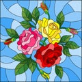 Stained glass illustration with flowers, buds and leaves of roses on a blue background Royalty Free Stock Photo