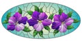 Stained glass illustration with flowers, leaves and buds of purple flowers on a blue background, oval omage Royalty Free Stock Photo