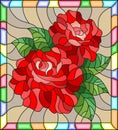 Stained glass illustration with flowers and leaves of red rose on brown background in a bright a frame Royalty Free Stock Photo