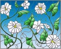 Stained glass illustration flowers loach, white flowers and leaves on blue background
