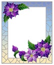 Stained glass illustration with frame with abstract purple flowers on blue background, rectangular image Royalty Free Stock Photo