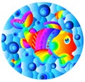 Stained glass illustration with a funny rainbow cartoon fish on a blue background