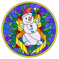 Stained glass illustration with funny snowman , ribbon and Holly branches in the shape of a circle
