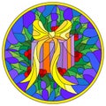 Stained glass illustration with gift box , ribbon and Holly branches in the shape of a circle