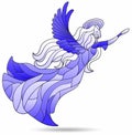 A stained glass illustration with a girl angel, an angel isolated on a white background, tone blue