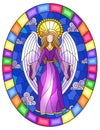 Stained glass illustration with girl angel in purple dress on background of sky and clouds, oval image in bright frame