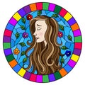 Stained glass illustration with a girl with brown hair and tree branches on background of blue sky, oval image in bright frame