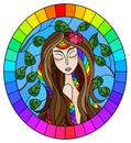 Stained glass illustration with a girl with brown hair and tree branches on background of blue sky, oval image in rainbow frame