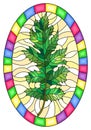 Stained glass illustration with a green leaf on a yellow background,in a bright frame,oval picture Royalty Free Stock Photo