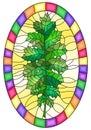 Stained glass illustration with a green leaf on a yellow background,in a bright frame,oval picture Royalty Free Stock Photo