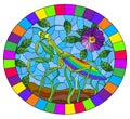 Stained glass illustration with  green mantis and purple flower on grass and sky background, oval image in bright frame Royalty Free Stock Photo