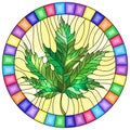 Stained glass illustration with a green maple leaf on a yellow background,in a bright frame,round picture Royalty Free Stock Photo